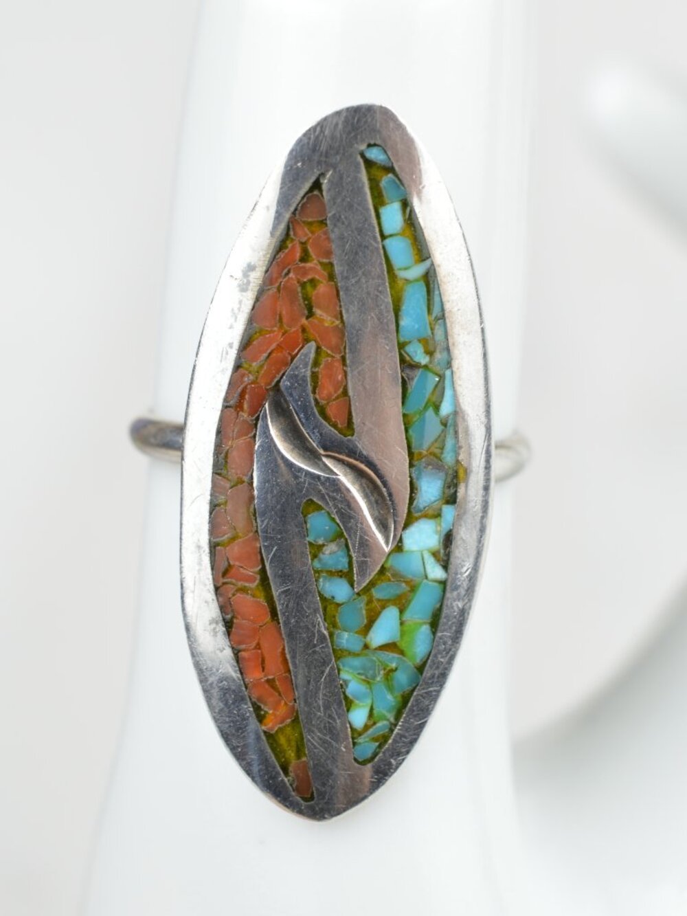 Vintage Navajo Sterling Silver Turquoise Coral Chip Inlay Ring Sz 7